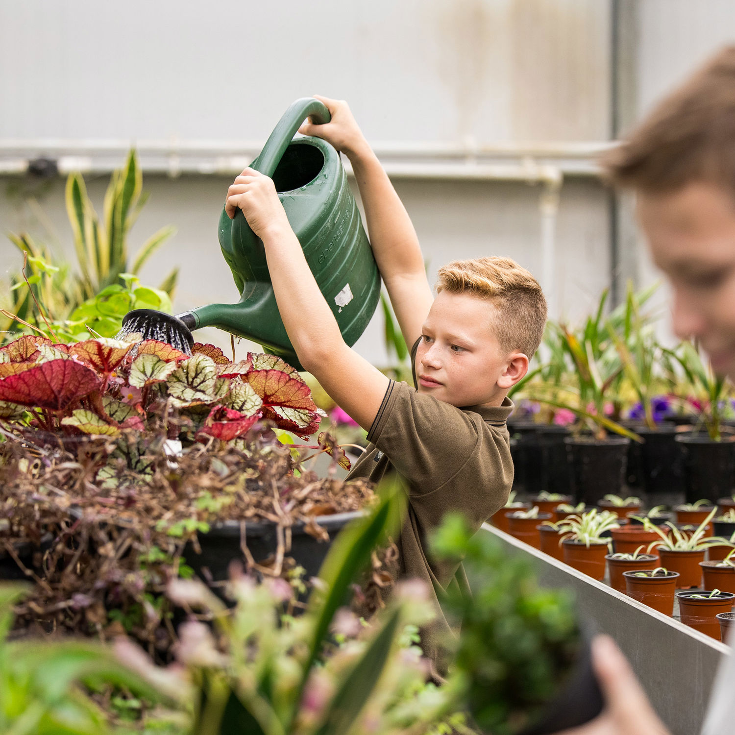 Een student met planten in de hand